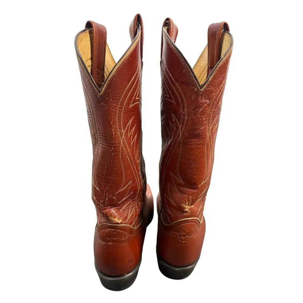 Tony Lama Cowboy Boot Cognac Distressed Leather USA Western Heritage Vintage 9.5